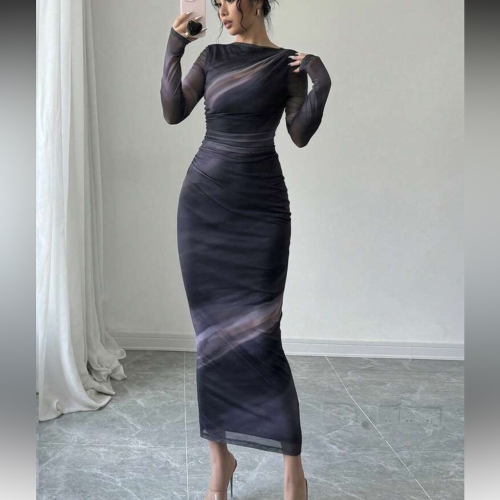 SHEIN Black Long Sleeve Sheer Dress